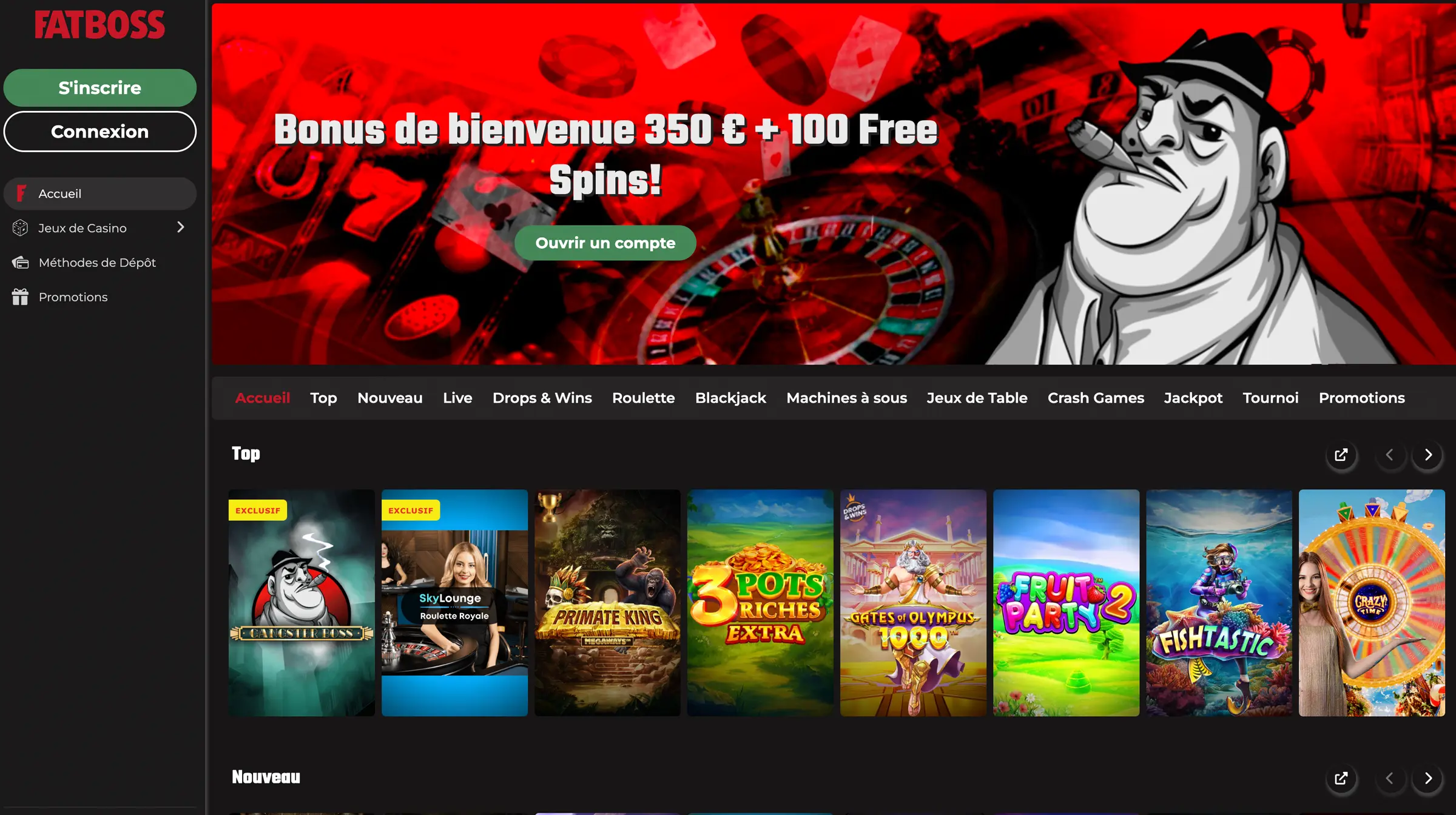Page d'accueil de Fatboss Casino
