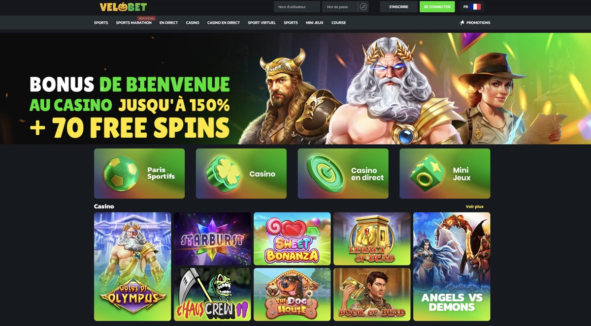 Page d'accueil de Velobet Casino