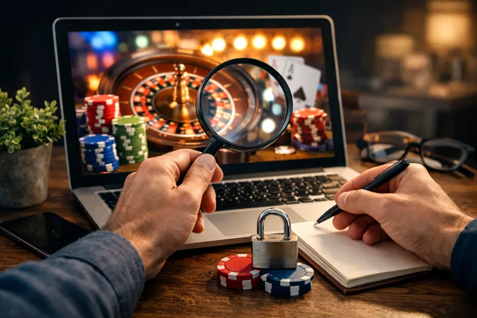Personne vérifiant un casino en ligne sur un ordinateur portable avant de s'inscrire