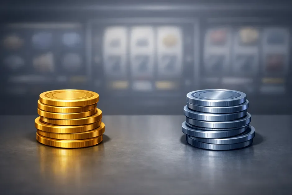 Composition illustrant deux types de pièces virtuelles dorées et argentées sur un écran d'interface de casino en ligne